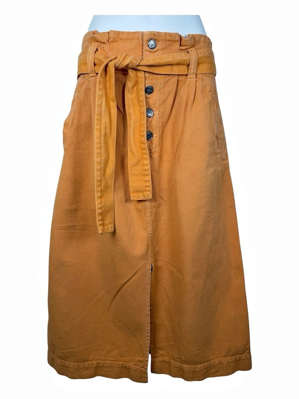 FARM Rio Button Front Twill Paperbag Midi Skirt S High Waisted Orange Fall Boho